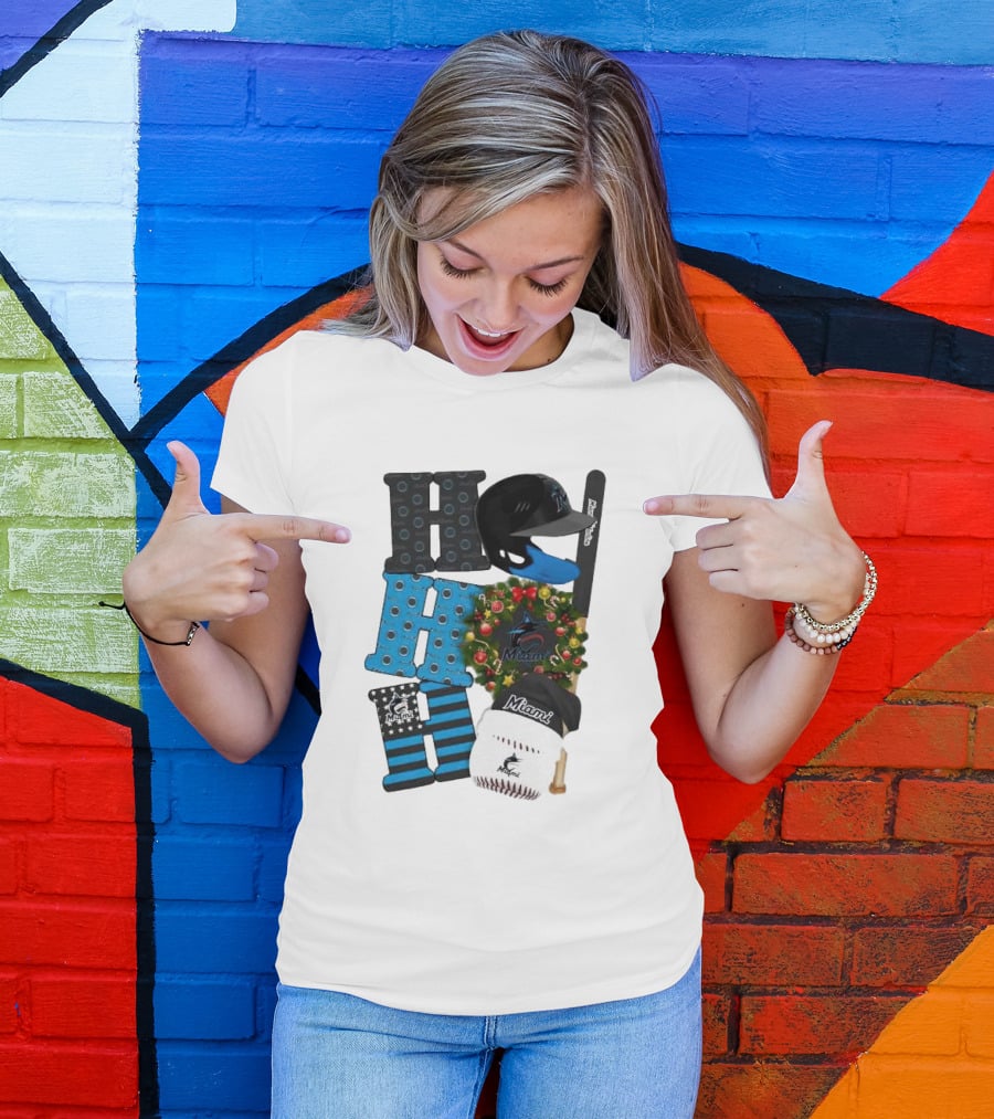 Miami Marlins Ho Ho Ho Merry Christmas Baseball Wreath Socks Helmet Batcap T-Shirt