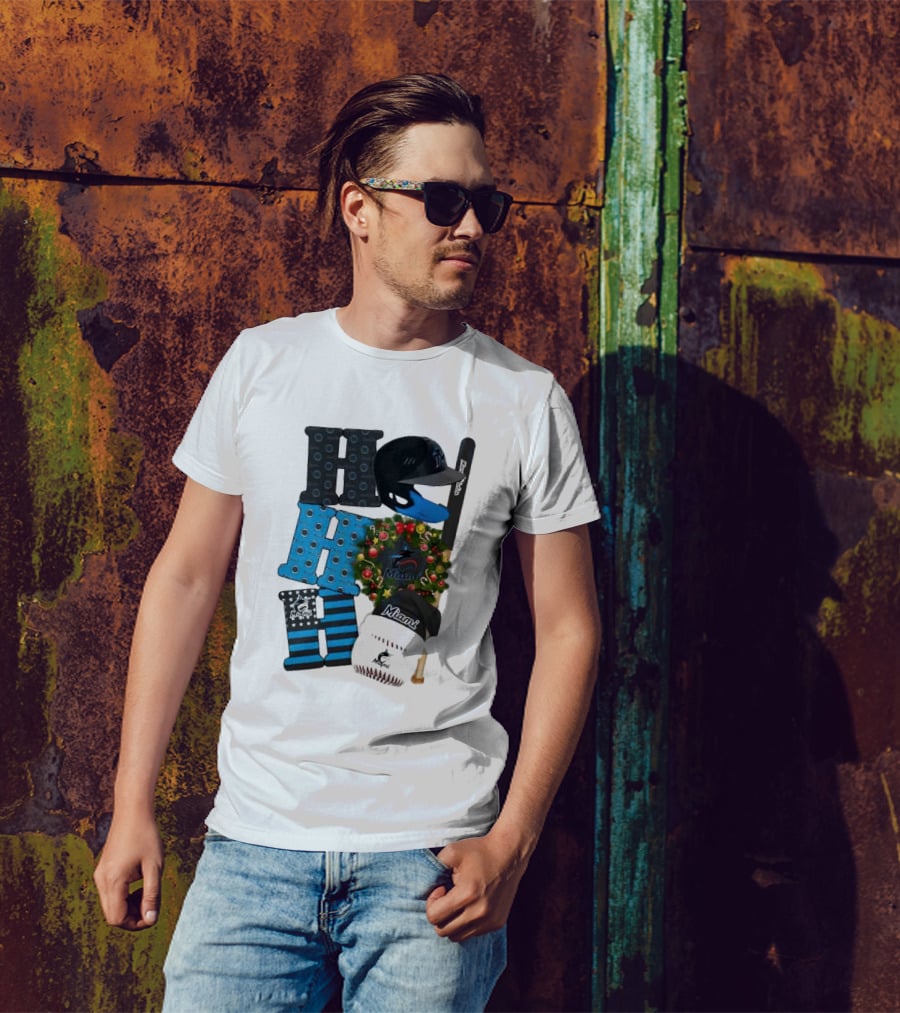 Miami Marlins Ho Ho Ho Merry Christmas Baseball Wreath Socks Helmet Batcap T-Shirt