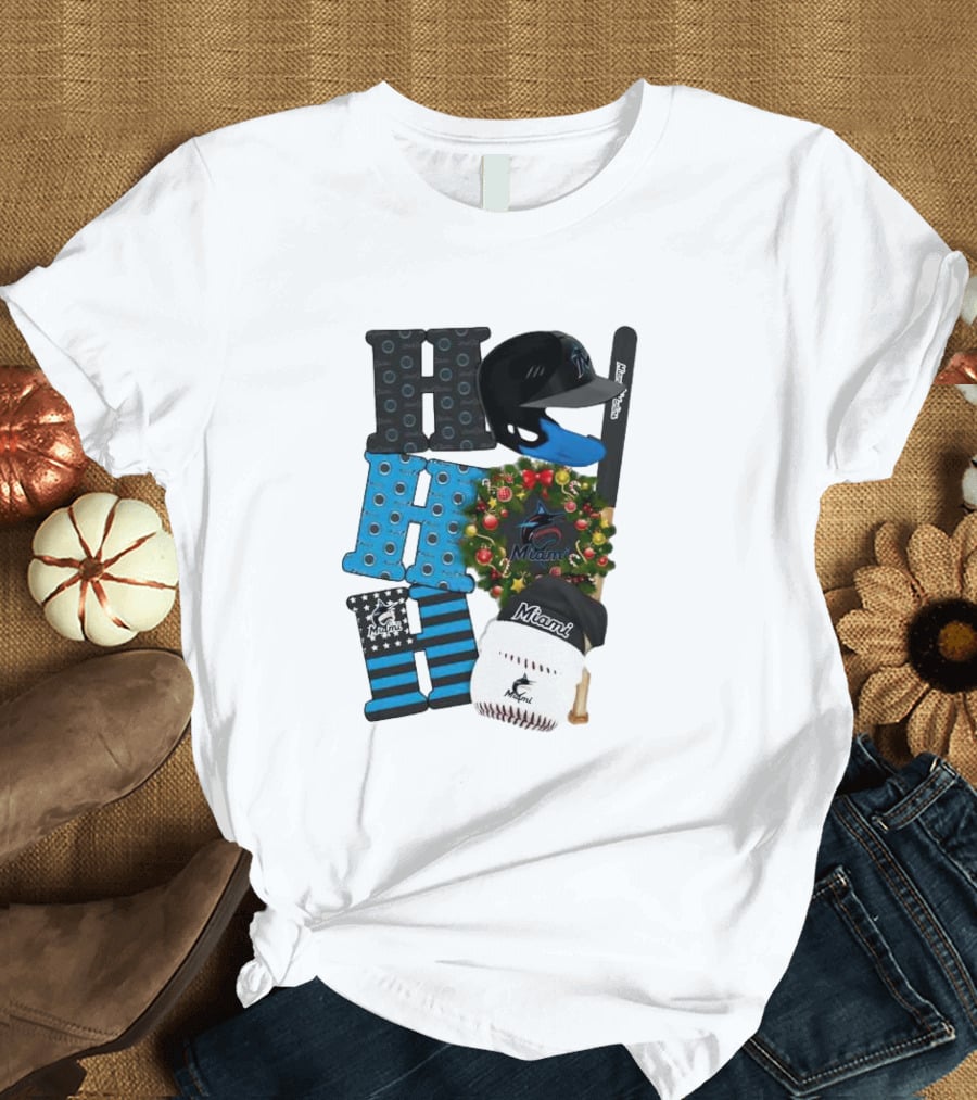 Miami Marlins Ho Ho Ho Merry Christmas Baseball Wreath Socks Helmet Batcap T-Shirt