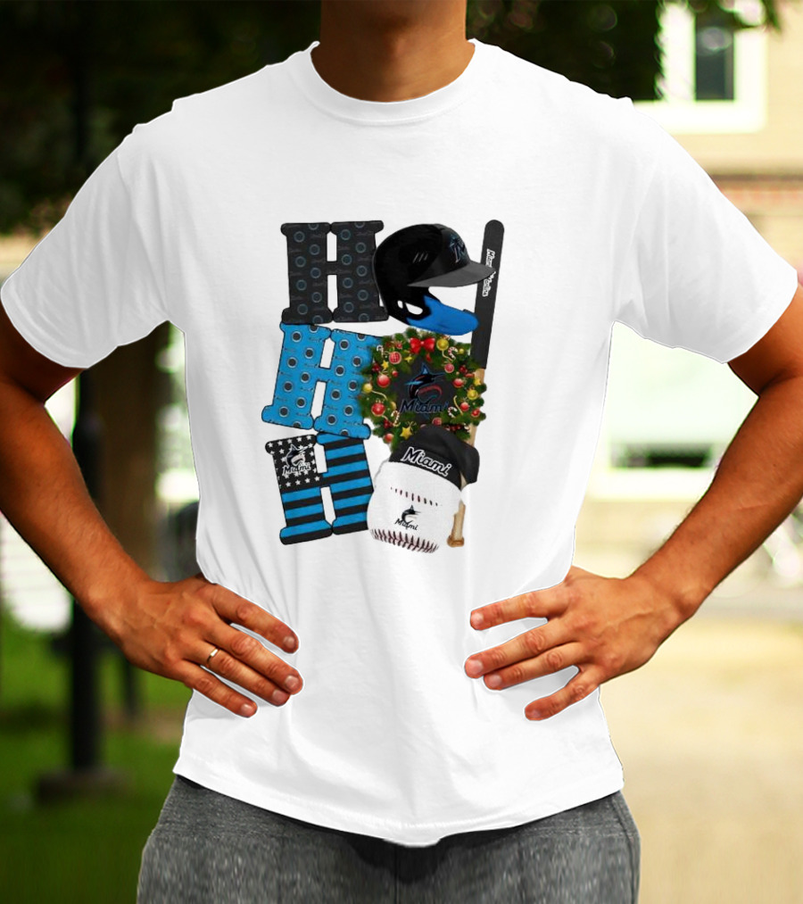 Miami Marlins Ho Ho Ho Merry Christmas Baseball Wreath Socks Helmet Batcap T-Shirt