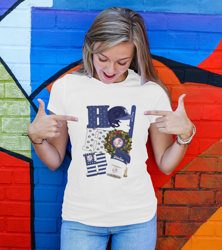 New York Yankees Ho Ho Ho Merry Christmas Yankees Caps Wreath Baseball Bat T-Shirt