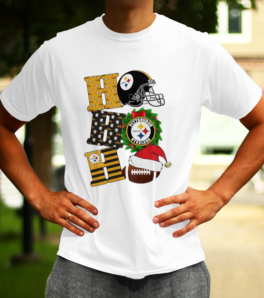 Pittsburgh Steelers Ho Ho Ho Merry Christmas Football Helmet Wreath Santa Hat T-Shirt