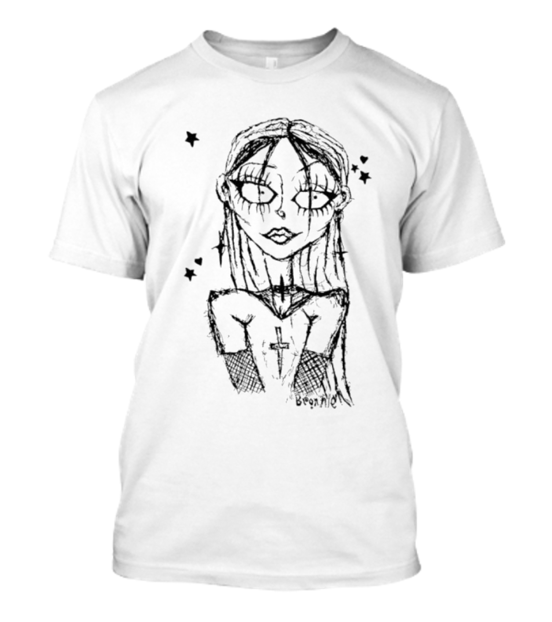 Cream Sketch Bronnie Gothic Character With Cross And Stars T-Shirt