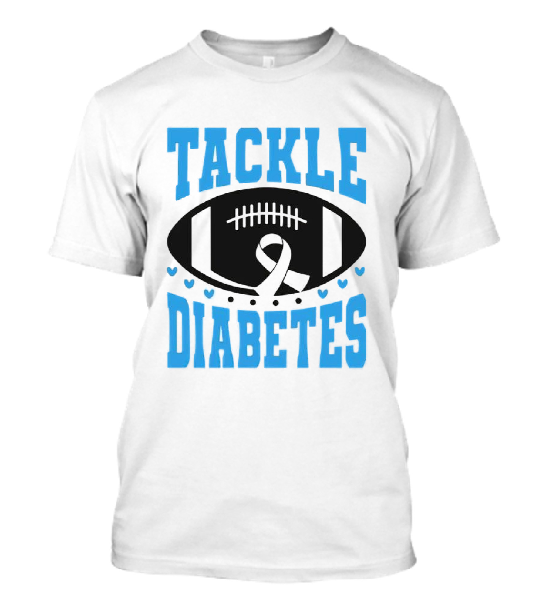 Tackle Diabetes Awareness Football Design With Blue Ribbon And Hearts T-Shirt