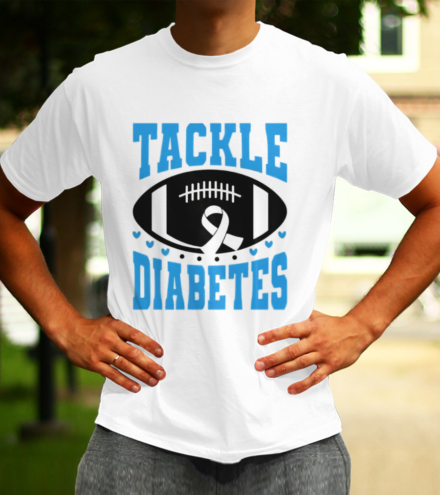 Tackle Diabetes Awareness Football Design With Blue Ribbon And Hearts T-Shirt