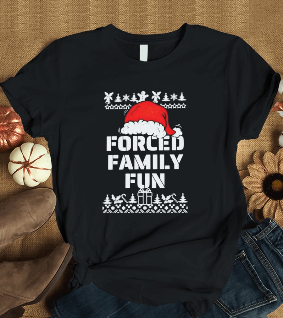 Forced Family Fun Christmas Santa Hat Trees Presents T-Shirt