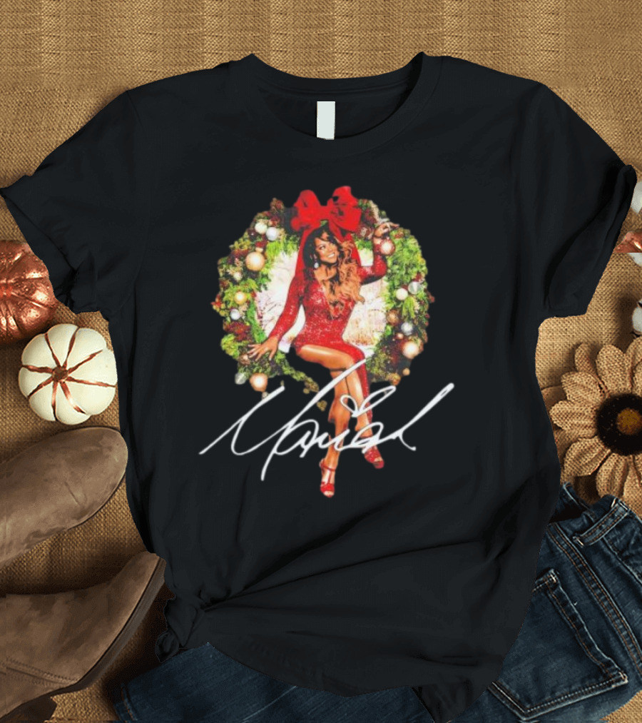 Mariah Carey Festive Holiday Wreath Bow Signature T-Shirt