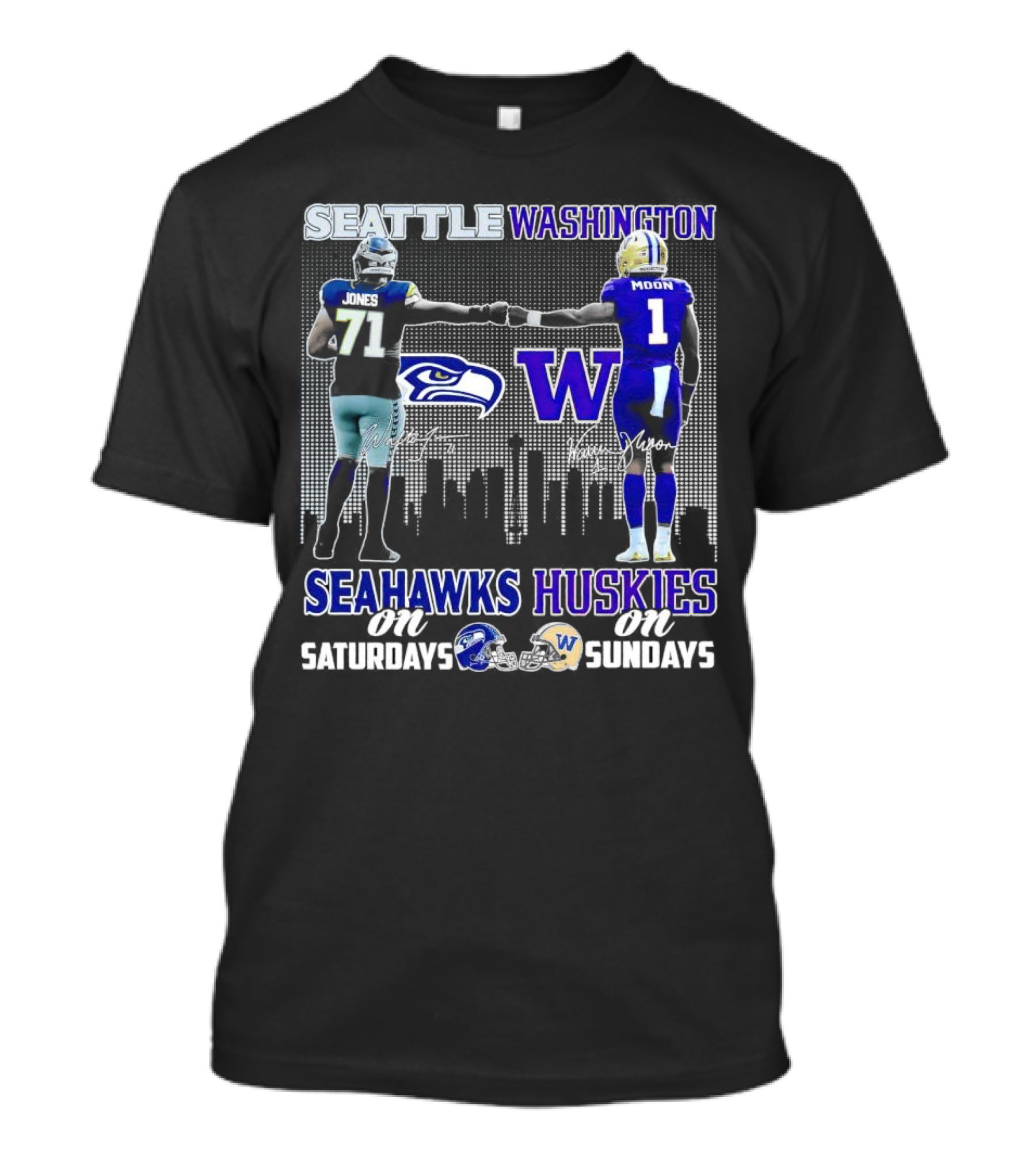 Seattle Seahawks Jones Saturdays Washington Huskies Moon Sundays T-Shirt