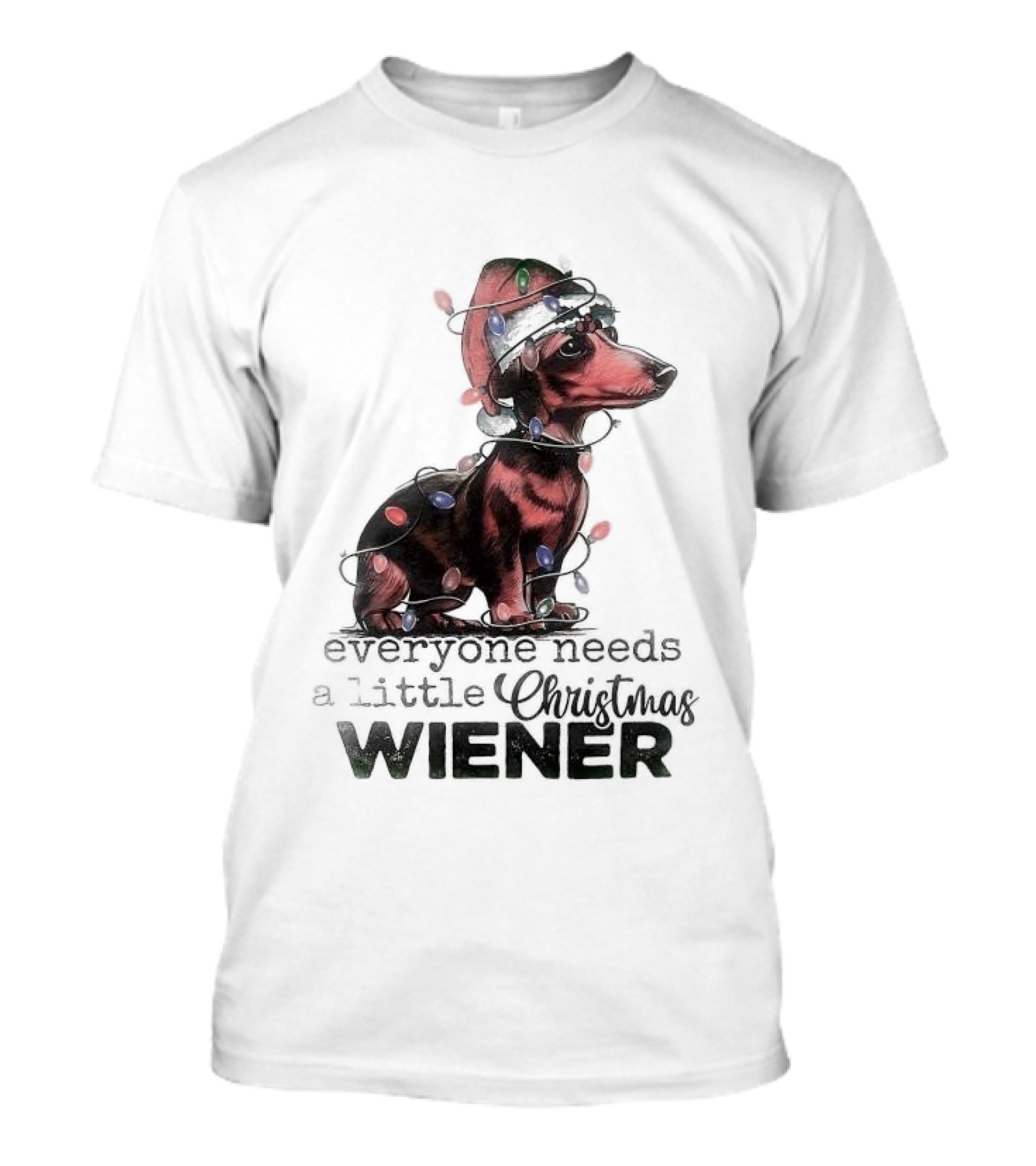 Everyone Needs A Little Christmas Wiener Dachshund With Lights And Santa Hat T-Shirt