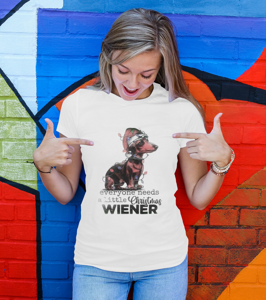 Everyone Needs A Little Christmas Wiener Dachshund With Lights And Santa Hat T-Shirt