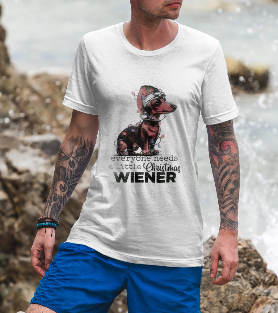 Everyone Needs A Little Christmas Wiener Dachshund With Lights And Santa Hat T-Shirt