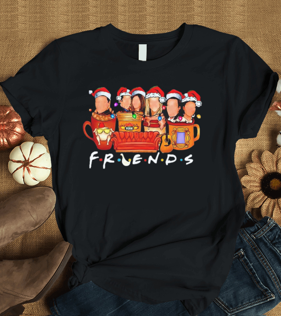 Friends Christmas Santa Hats Couch Central Perk Logo Mugs Guitar T-Shirt