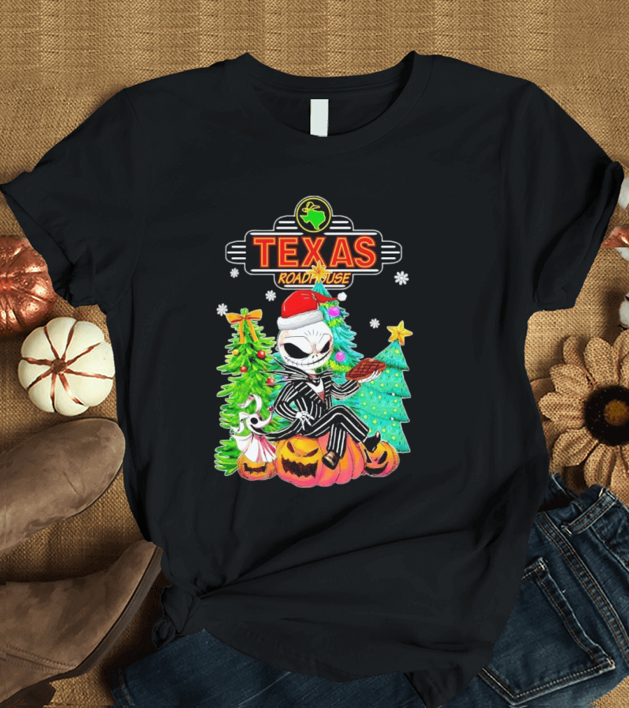 Jack Skellington Christmas With Texas Roadhouse Pumpkin And Christmas Trees T-Shirt