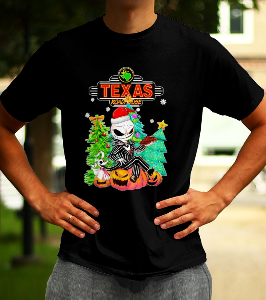 Jack Skellington Christmas With Texas Roadhouse Pumpkin And Christmas Trees T-Shirt