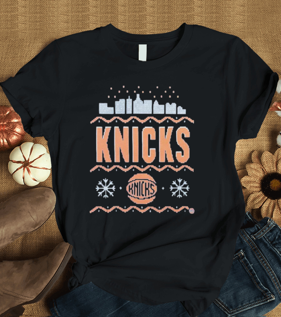 New York Knicks City Skyline Basketball Winter Snowflakes T-Shirt