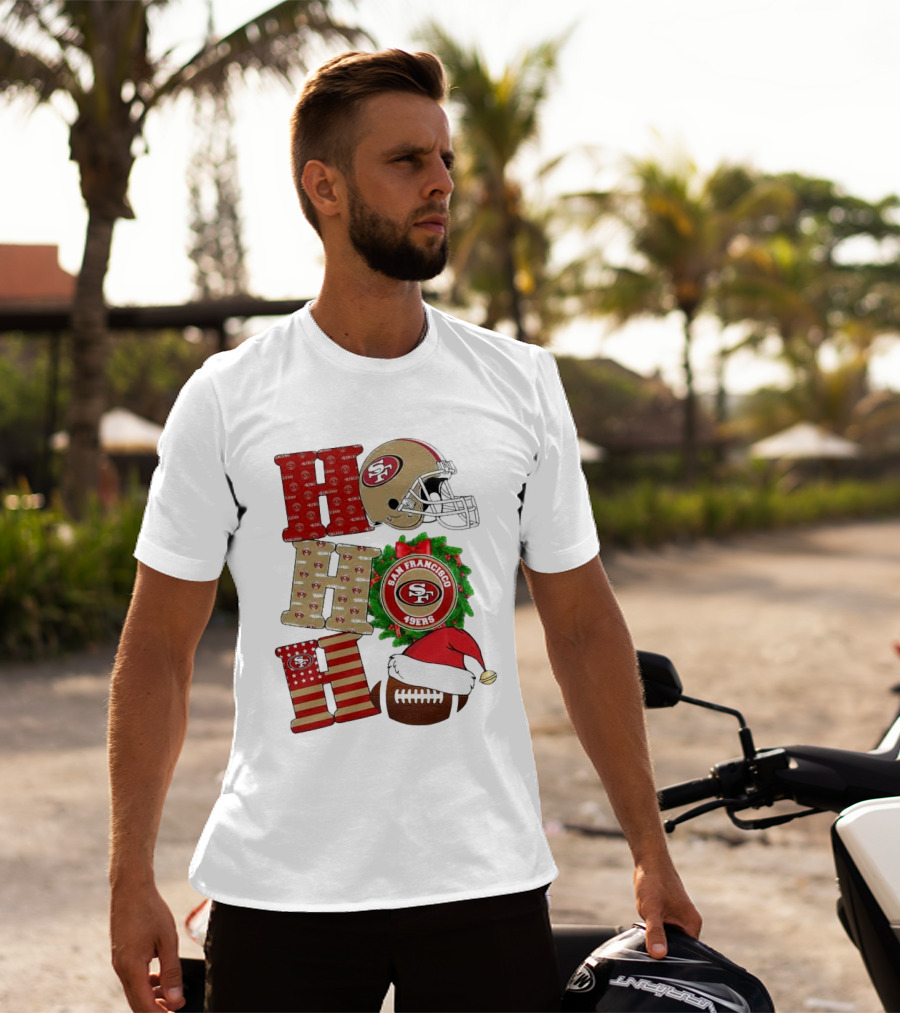 San Francisco 49ers Ho Ho Ho Merry Christmas Football Helmet Wreath Santa Hat T-Shirt