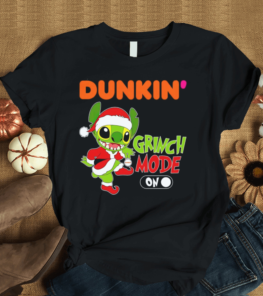 Dunkin' Grinch Mode On Christmas Stitch Santa Costume T-Shirt