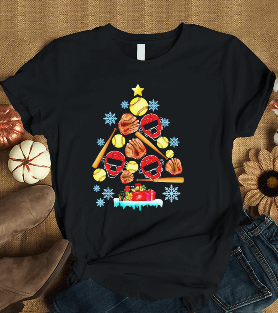 Christmas Tree With Softballs Bats Helmets Mitts And Gifts T-Shirt