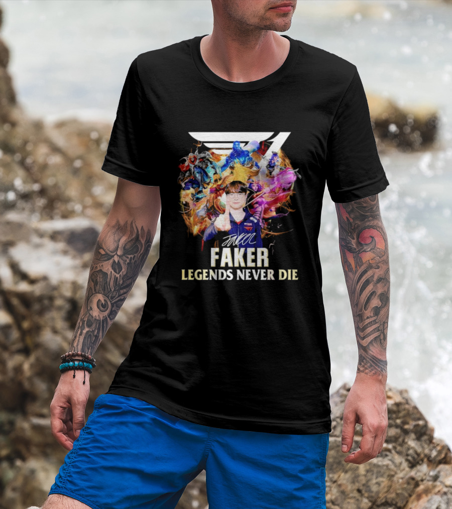 T1 Faker Legends Never Die Signature With Dynamic Character T-Shirt