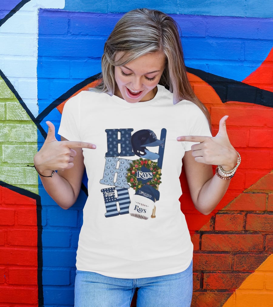 Tampa Bay Rays Ho Ho Ho Merry Christmas Baseball Helmet Wreath T-Shirt