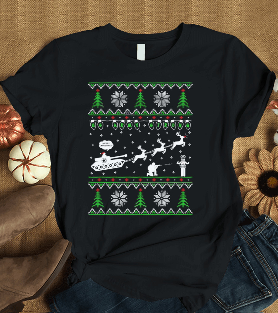 US Army Strong Christmas Tank Sleigh Ugly T-Shirt
