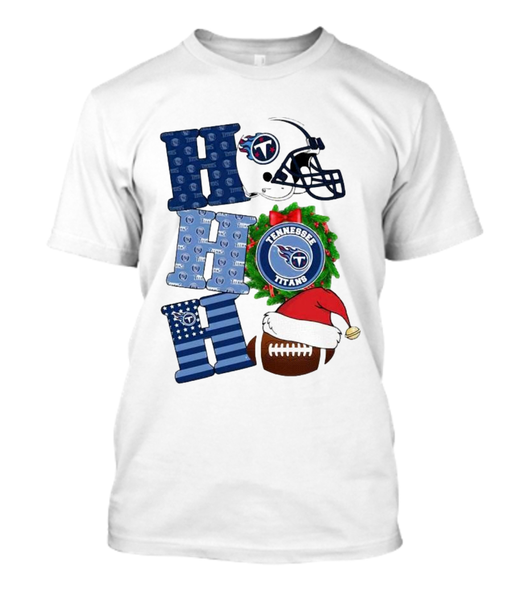 Tennessee Titans Ho Ho Ho Merry Christmas Football Helmet Santa Hat Wreath T-Shirt