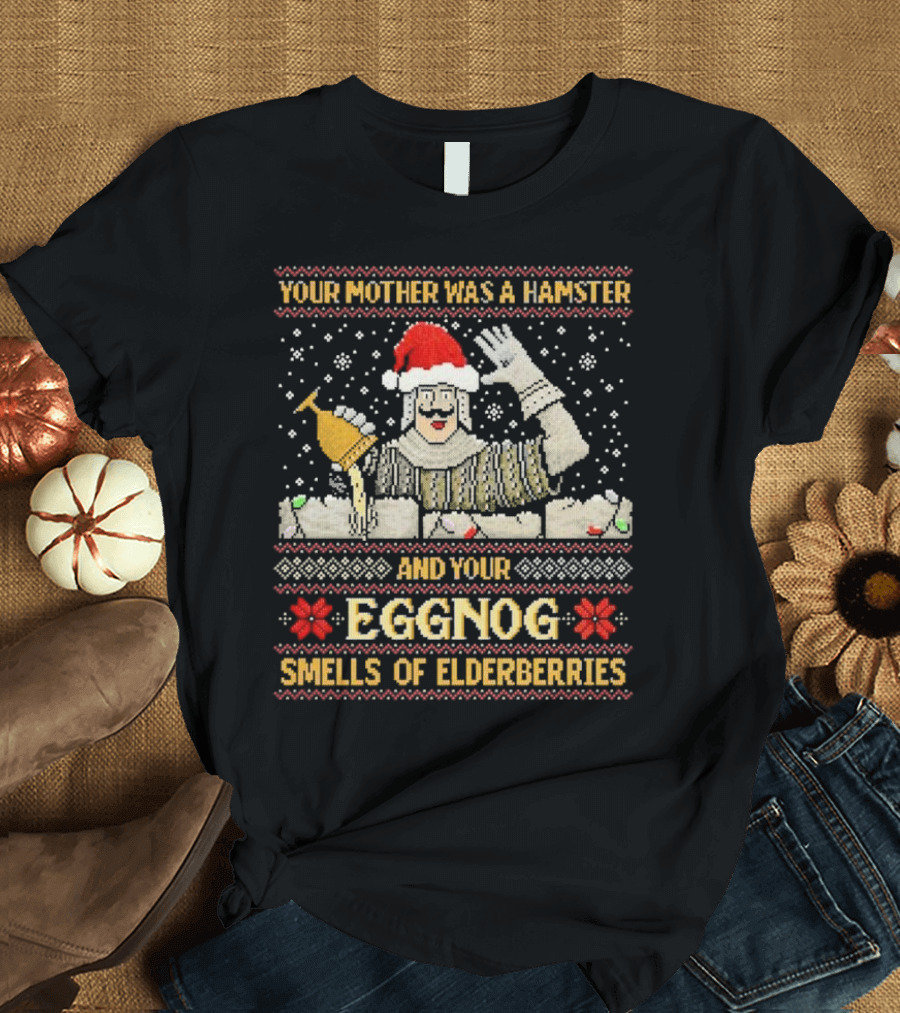 Your Mother Was A Hamster And Your Eggnog Smells Of Elderberries Christmas Santa Toasting T-Shirt