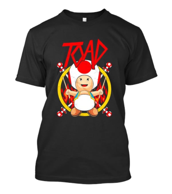 TOAD Heavy Metal Mushroom Drummer With Drumsticks And Flames Background T-Shirt