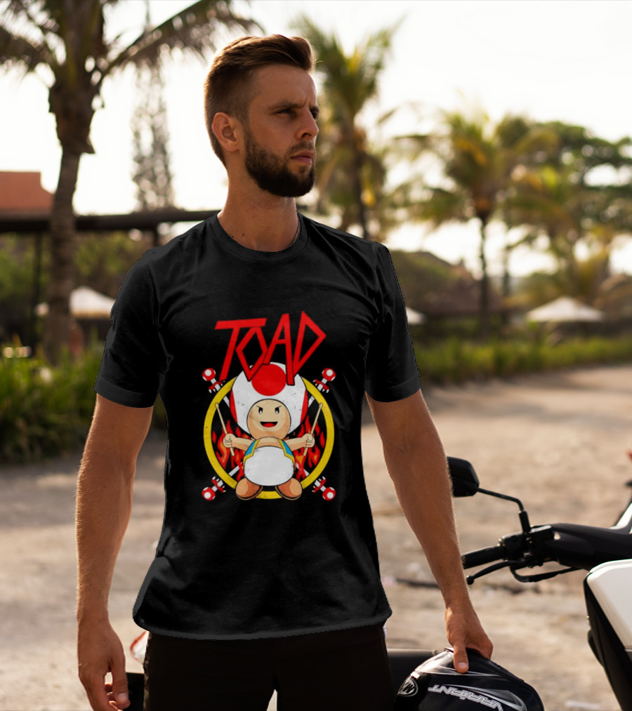 TOAD Heavy Metal Mushroom Drummer With Drumsticks And Flames Background T-Shirt