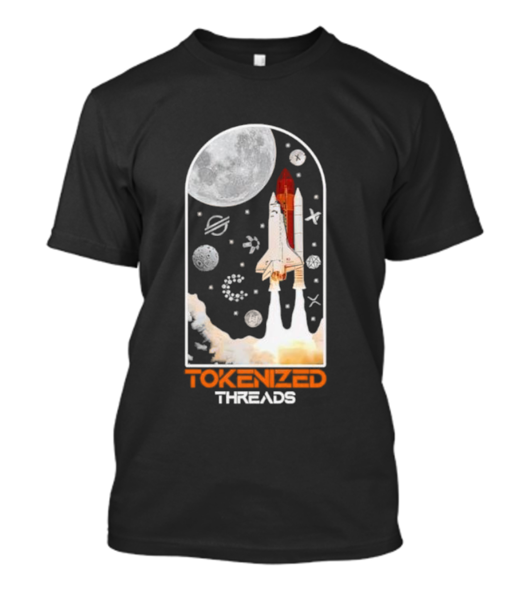 Tokenized Threads Space Shuttle Launch Under Moon With Planets And Stars T-Shirt