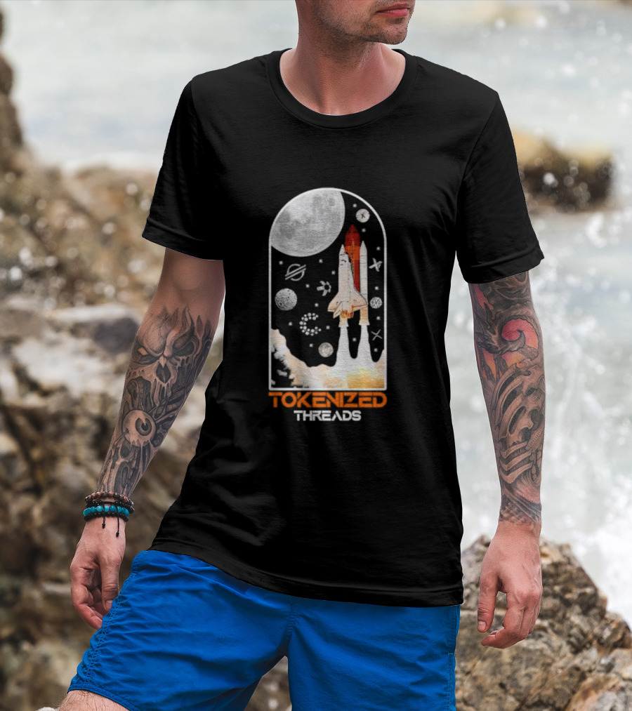 Tokenized Threads Space Shuttle Launch Under Moon With Planets And Stars T-Shirt
