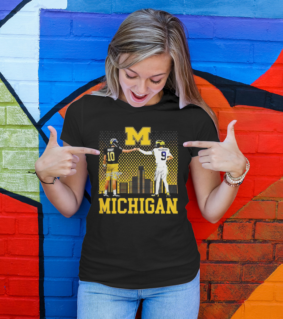 Michigan Wolverines Tom Brady Jj McCarthy Iconic Players Fist Bump Skyline T-Shirt