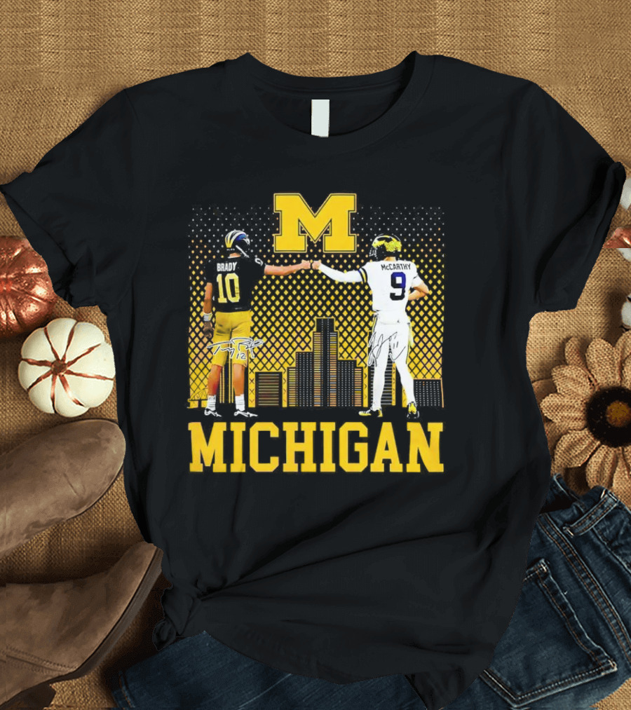 Michigan Wolverines Tom Brady Jj McCarthy Iconic Players Fist Bump Skyline T-Shirt