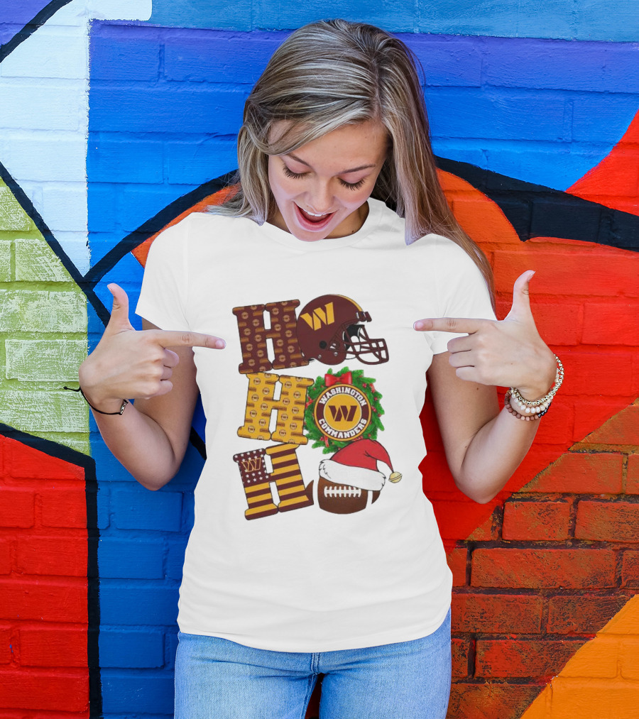 Washington Commanders Helmet Wreath Football Ho Ho Ho Merry Christmas T-Shirt