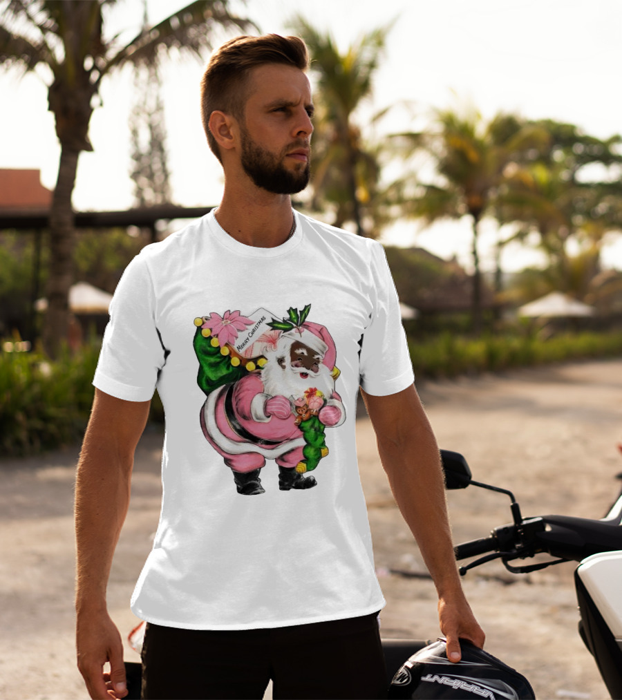 Merry Christmas Santa Claus Wear Pink Outfit With Sack And Toys T-Shirt