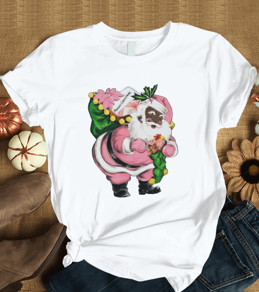 Merry Christmas Santa Claus Wear Pink Outfit With Sack And Toys T-Shirt