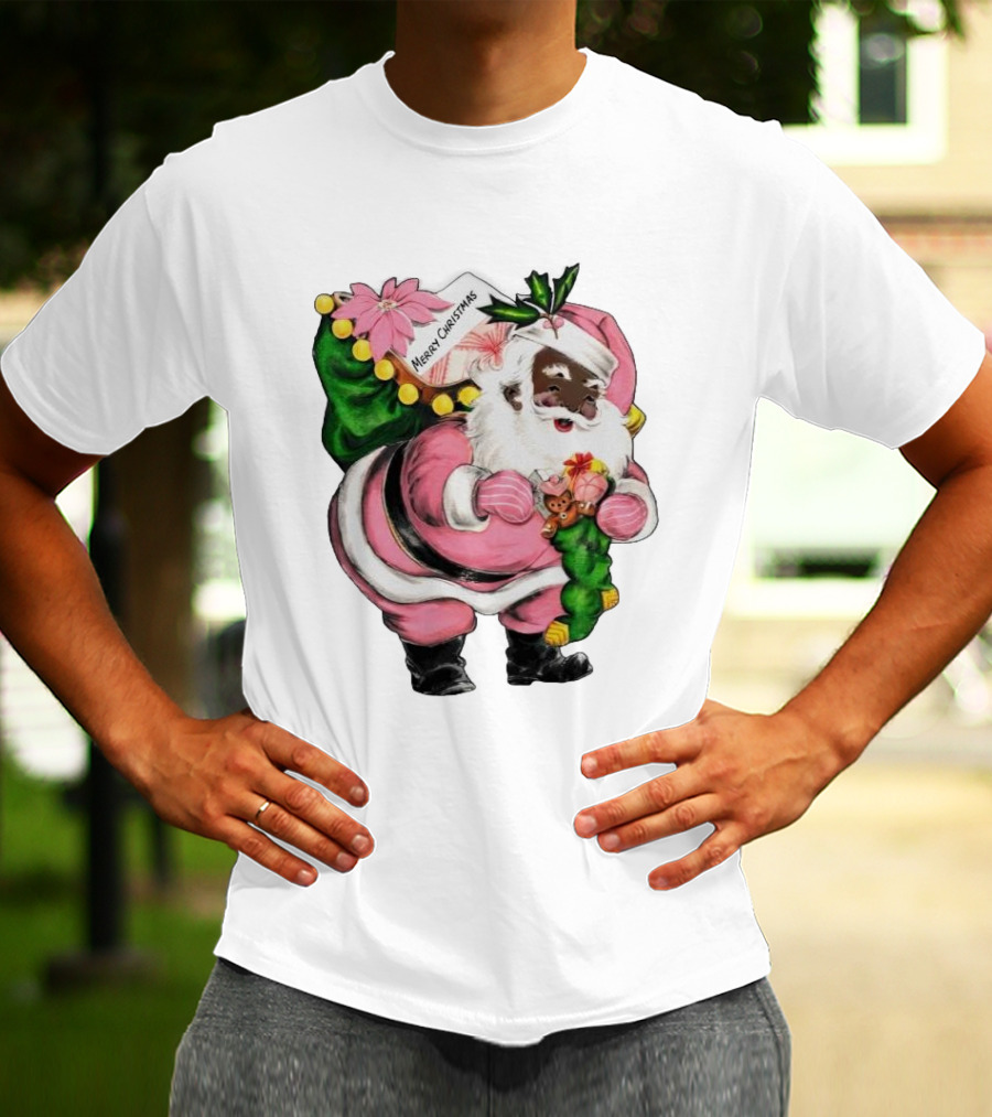 Merry Christmas Santa Claus Wear Pink Outfit With Sack And Toys T-Shirt