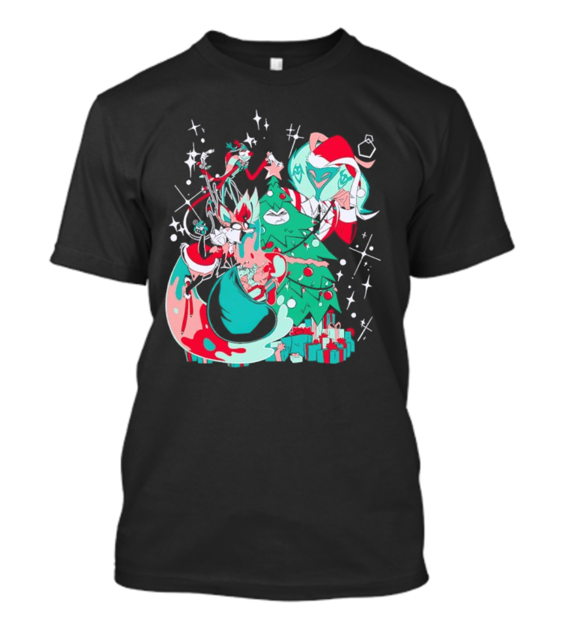 Shark Robot Sinful Holiday Christmas Hazbin Hotel Festive Tree And Characters T-Shirt