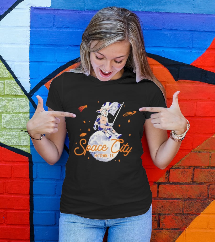 Space City H-Town TX Astronaut On Moon With Saturn And Stars T-Shirt