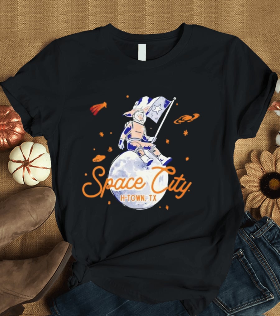 Space City H-Town TX Astronaut On Moon With Saturn And Stars T-Shirt