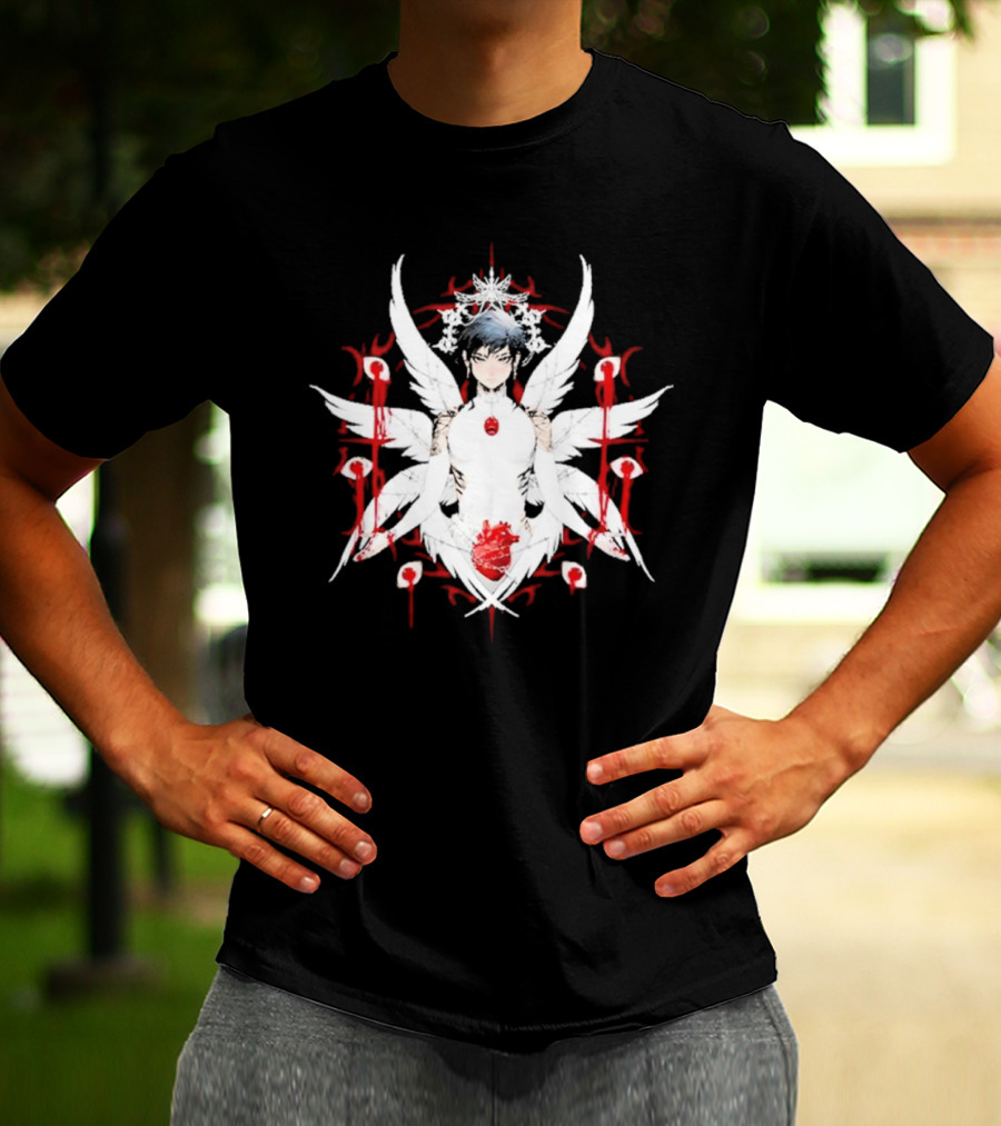 W6rst Maza Anime Angelic Figure With Wings And Red Accents T-Shirt