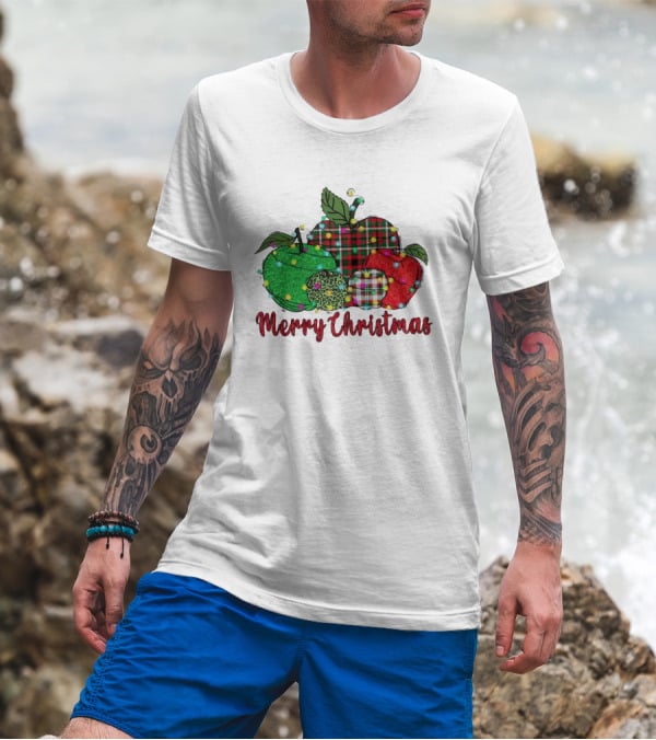 Merry Christmas Apples Plaid And Lights T-Shirt