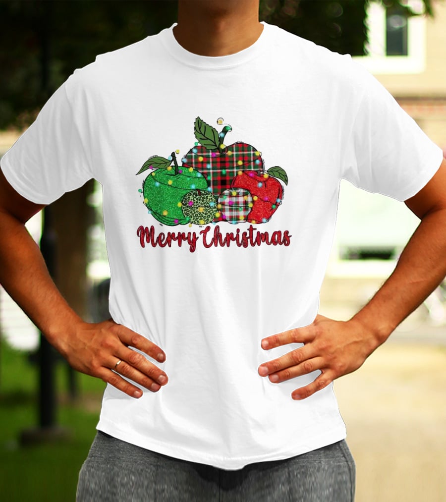 Merry Christmas Apples Plaid And Lights T-Shirt