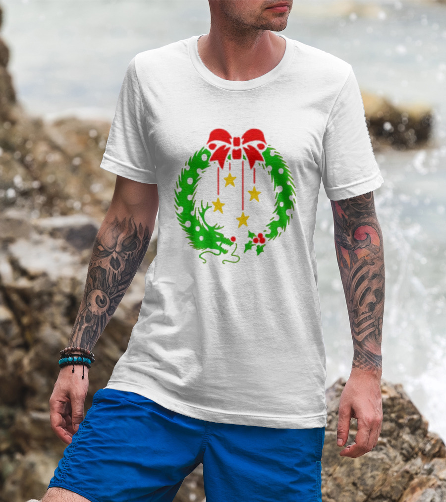 Christmas Wreath Dragon With Four Stars And Red Bow T-Shirt