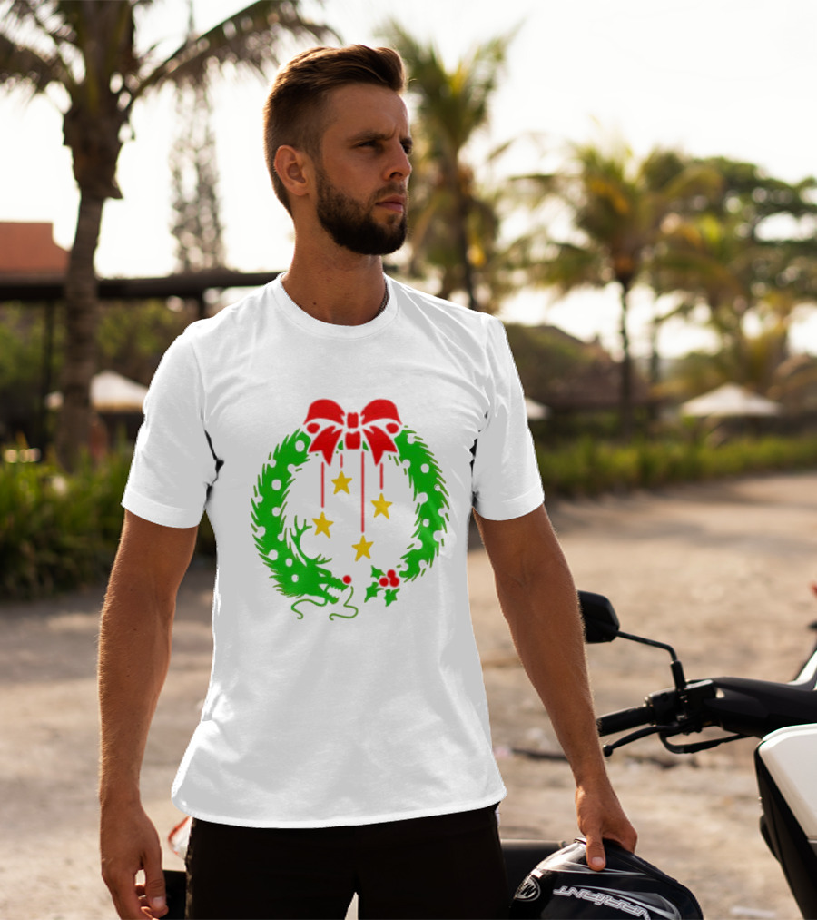 Christmas Wreath Dragon With Four Stars And Red Bow T-Shirt