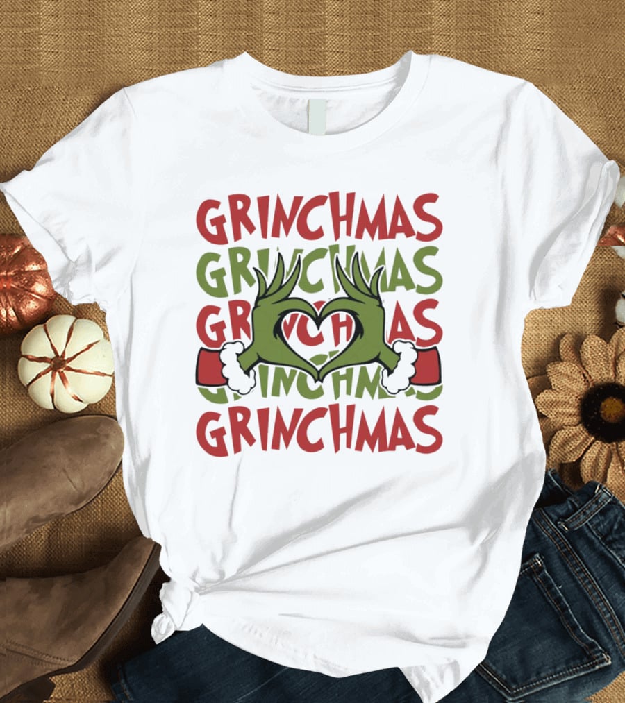Grinch Hand Heart Love Grinchmas Repeating Text T-Shirt