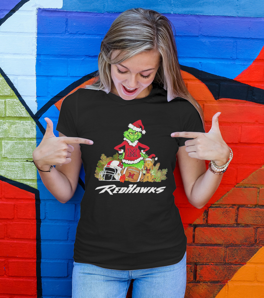 Grinch With Miami RedHawks Christmas Football Santa Hat T-Shirt