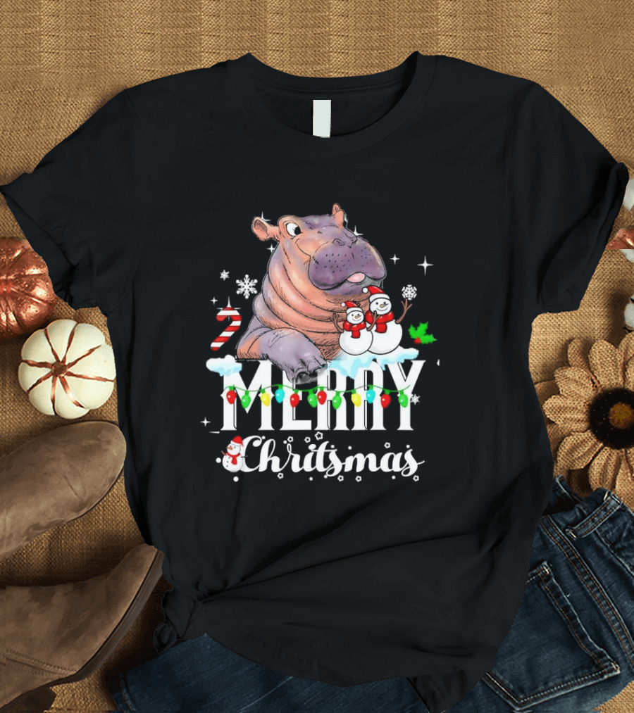 Hippo Merry Christmas Snowmen Candy Cane Lights T-Shirt