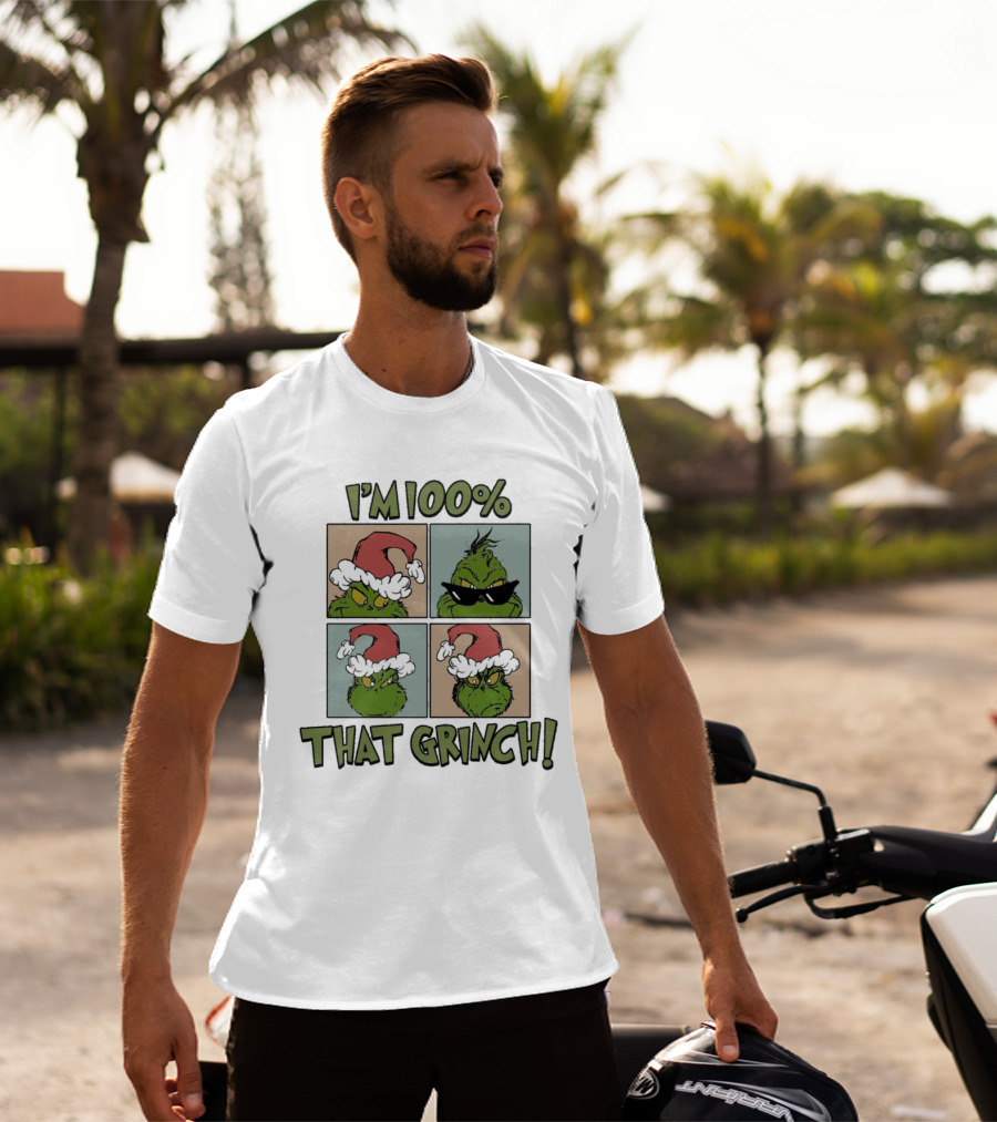I'm 100% That Grinch Christmas Icon With Santa Hat And Sunglasses T-Shirt
