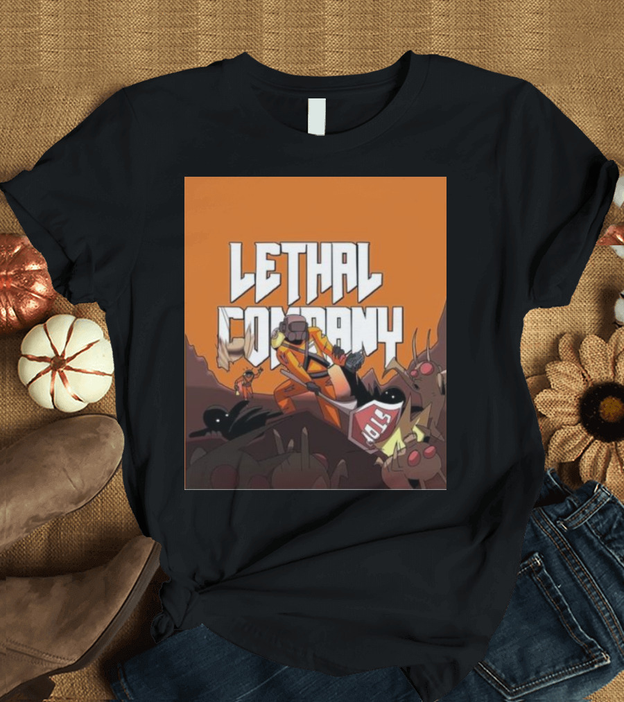 Lethal Company Stop Sign Creature Battle Scene T-Shirt